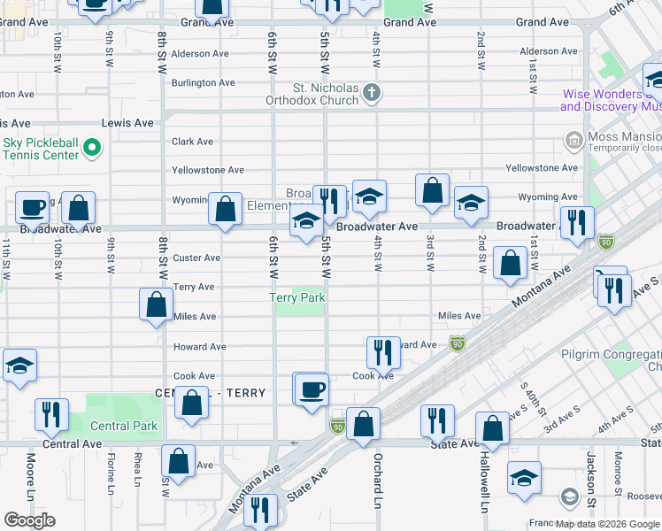 map of restaurants, bars, coffee shops, grocery stores, and more near 505 5th Street West in Billings