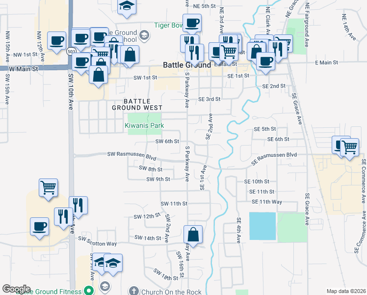 map of restaurants, bars, coffee shops, grocery stores, and more near 613 Southwest 1st Court in Battle Ground