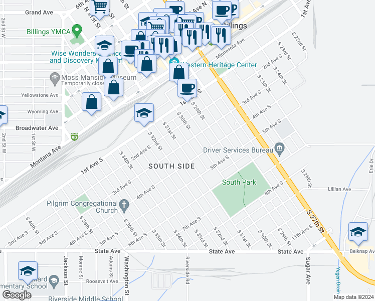 map of restaurants, bars, coffee shops, grocery stores, and more near 303 South 31st Street in Billings