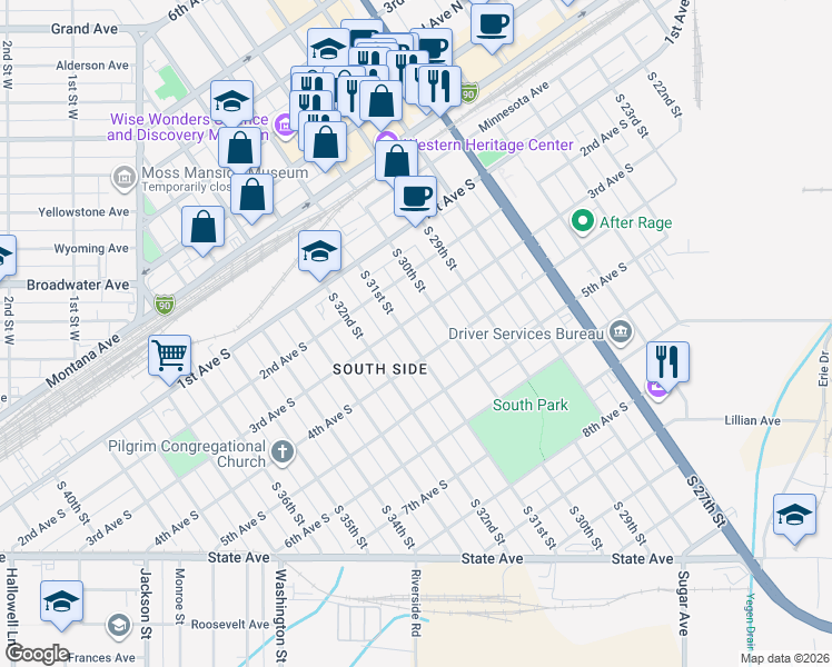 map of restaurants, bars, coffee shops, grocery stores, and more near 3017 4th Avenue South in Billings