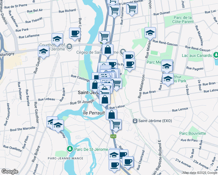map of restaurants, bars, coffee shops, grocery stores, and more near 72 Rue de la Gare in Saint-Jérôme