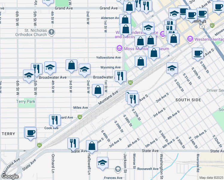 map of restaurants, bars, coffee shops, grocery stores, and more near 3635 Montana Avenue in Billings