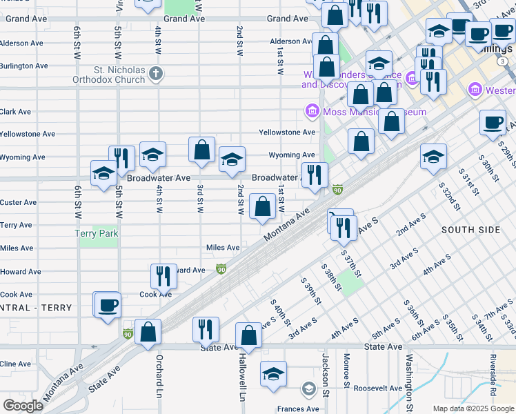 map of restaurants, bars, coffee shops, grocery stores, and more near 115 Terry Avenue in Billings