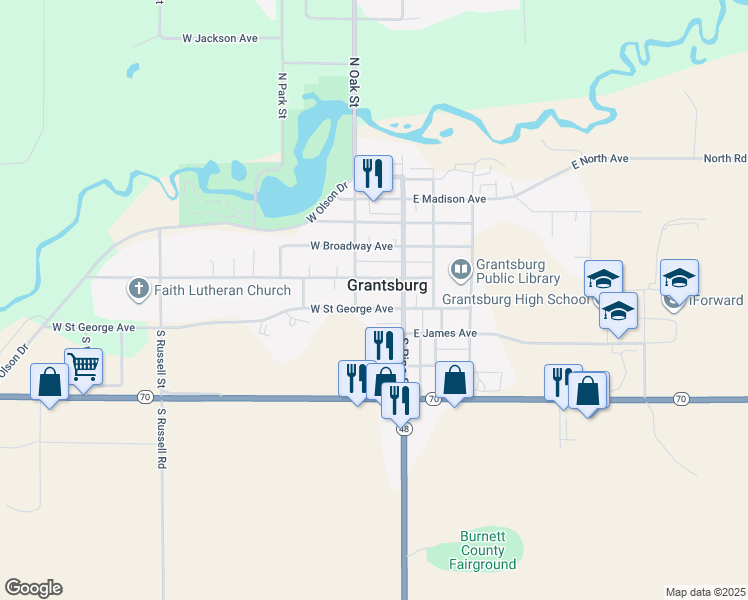 map of restaurants, bars, coffee shops, grocery stores, and more near 125 West Saint George Avenue in Grantsburg