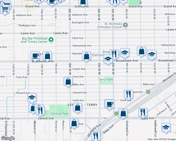 map of restaurants, bars, coffee shops, grocery stores, and more near 640 Custer Avenue in Billings