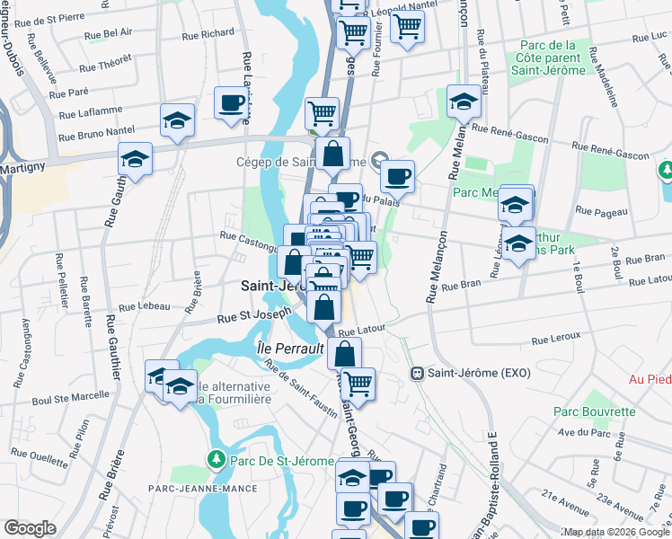 map of restaurants, bars, coffee shops, grocery stores, and more near 265 Rue Saint-Georges in Saint-Jérôme