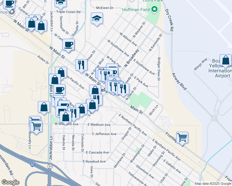 map of restaurants, bars, coffee shops, grocery stores, and more near 101-187 Interstate 90 Frontage Rd in Belgrade