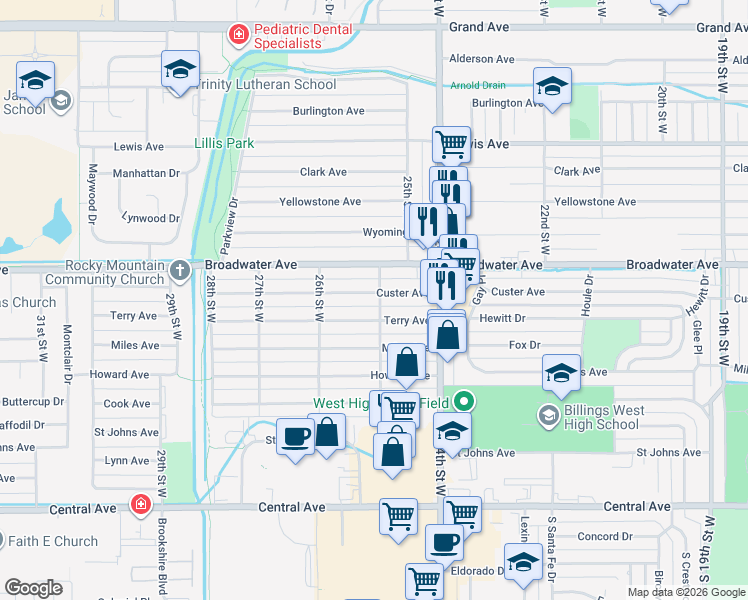 map of restaurants, bars, coffee shops, grocery stores, and more near 2502 Custer Avenue in Billings