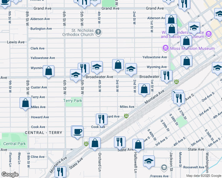 map of restaurants, bars, coffee shops, grocery stores, and more near 318 Custer Avenue in Billings