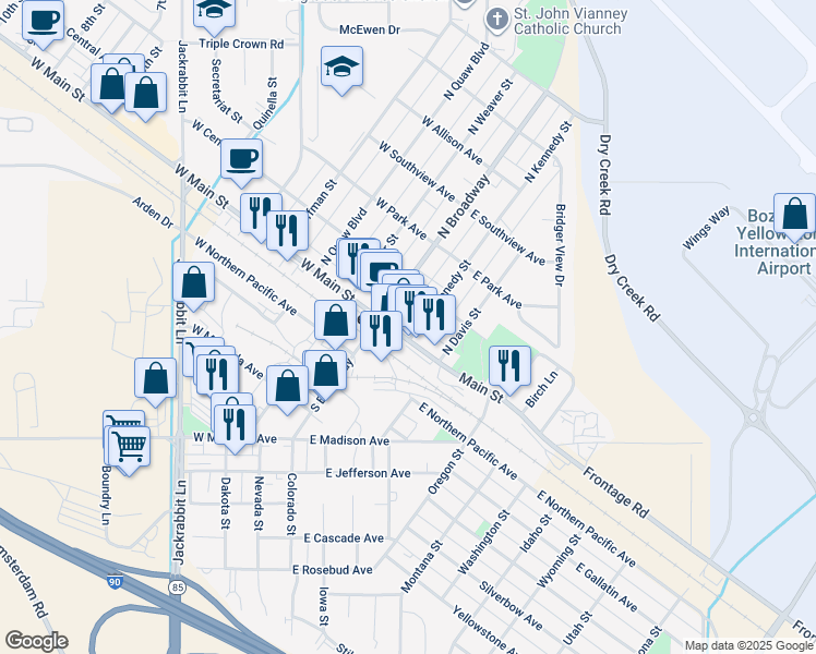 map of restaurants, bars, coffee shops, grocery stores, and more near 101-187 Interstate 90 Frontage Rd in Belgrade