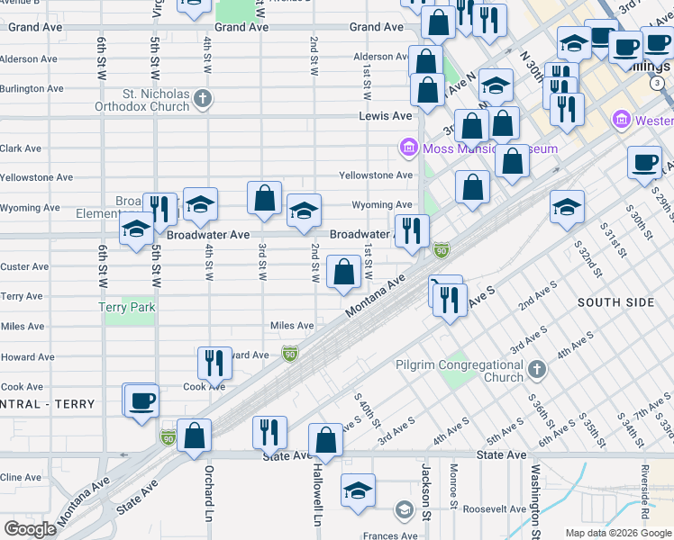 map of restaurants, bars, coffee shops, grocery stores, and more near 115 Terry Avenue in Billings