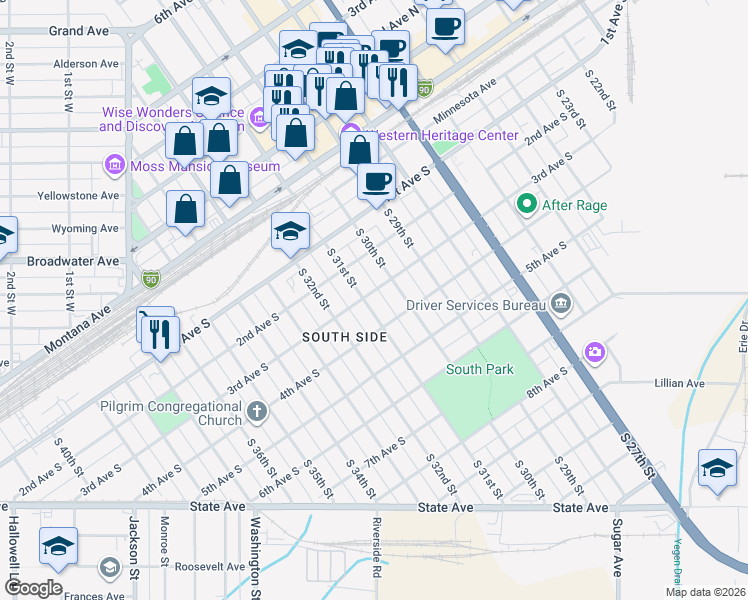 map of restaurants, bars, coffee shops, grocery stores, and more near 304 South 31st Street in Billings