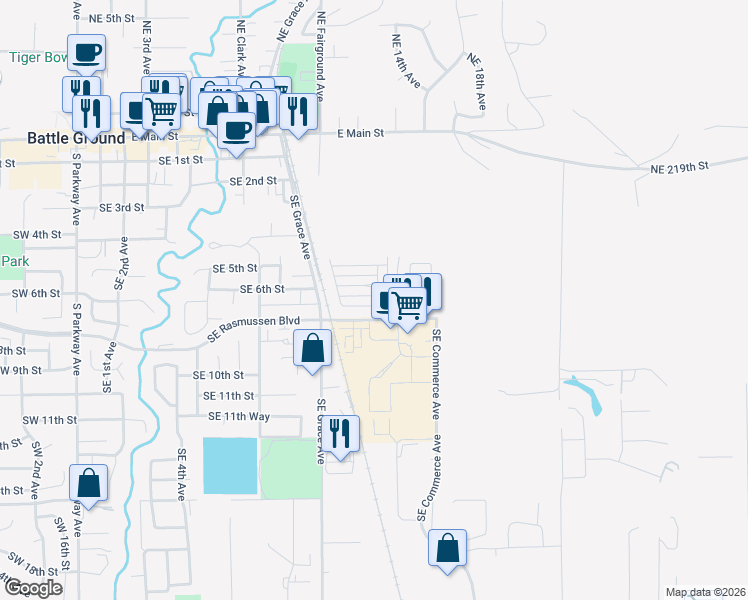map of restaurants, bars, coffee shops, grocery stores, and more near 1300 Southeast Rasmussen Boulevard in Battle Ground