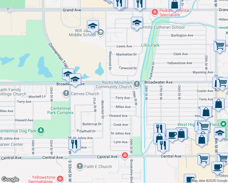 map of restaurants, bars, coffee shops, grocery stores, and more near 2945-2999 Terry Ave in Billings