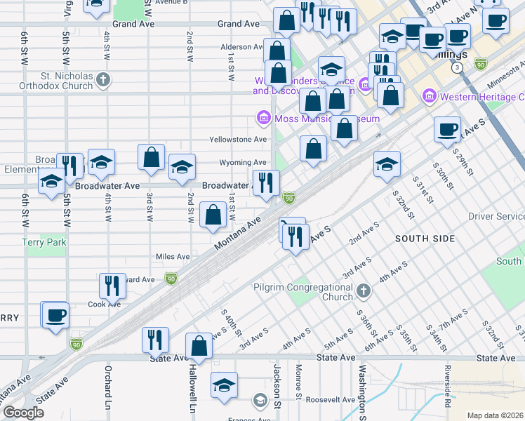 map of restaurants, bars, coffee shops, grocery stores, and more near 2 Custer Avenue in Billings