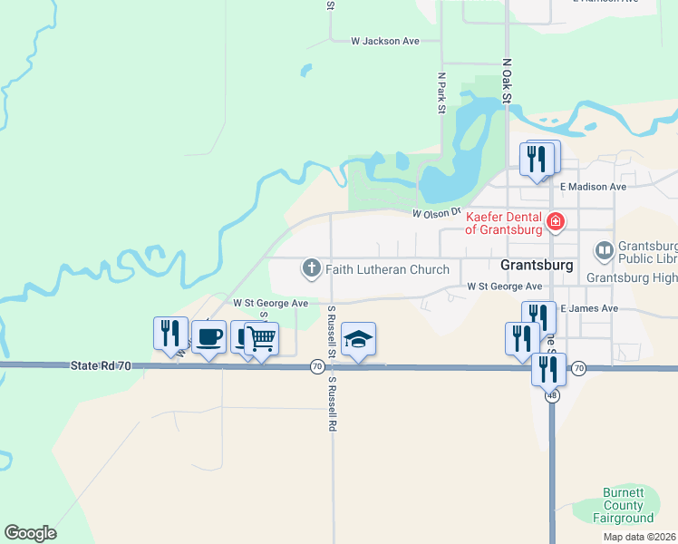 map of restaurants, bars, coffee shops, grocery stores, and more near 502 South Russell Street in Grantsburg
