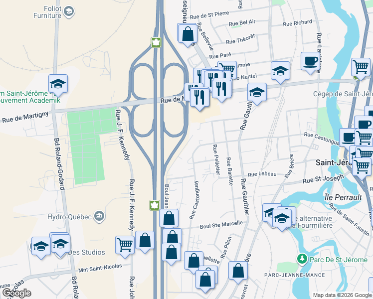 map of restaurants, bars, coffee shops, grocery stores, and more near 465 Rue Rochon in Saint-Jérôme