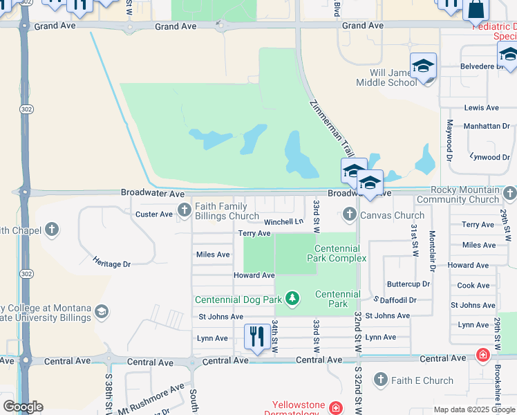 map of restaurants, bars, coffee shops, grocery stores, and more near 3423 Winchell Lane in Billings