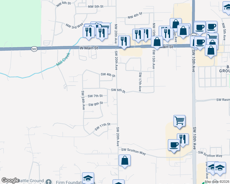 map of restaurants, bars, coffee shops, grocery stores, and more near 2008 Southwest 7th Circle in Battle Ground