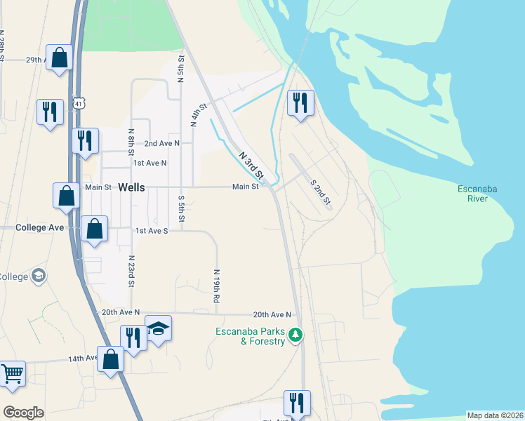 map of restaurants, bars, coffee shops, grocery stores, and more near 6361-6399 South 3rd Street in Wells