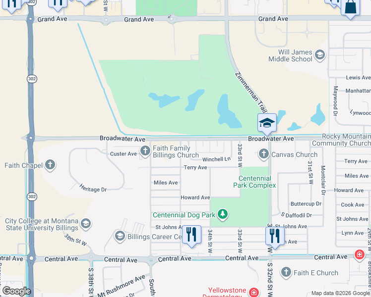 map of restaurants, bars, coffee shops, grocery stores, and more near 601-799 35th Street West in Billings