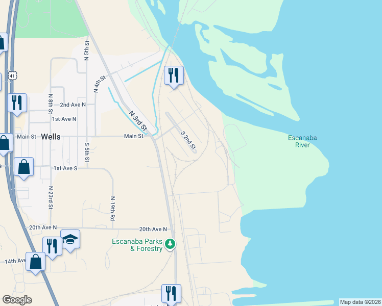 map of restaurants, bars, coffee shops, grocery stores, and more near 6347-6399 South 2nd Street in Wells