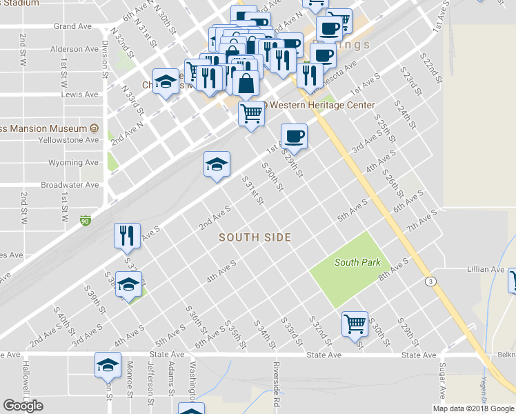 map of restaurants, bars, coffee shops, grocery stores, and more near 214 South 31st Street in Billings
