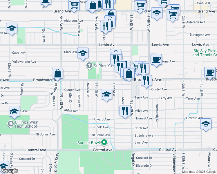 map of restaurants, bars, coffee shops, grocery stores, and more near 1603 Broadwater Ave in Billings