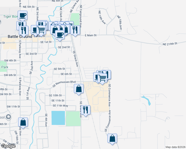 map of restaurants, bars, coffee shops, grocery stores, and more near 1213 Southeast 6th Street in Battle Ground