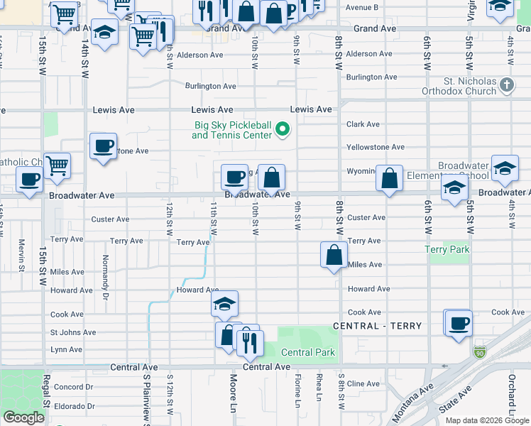 map of restaurants, bars, coffee shops, grocery stores, and more near 928 Broadwater Avenue in Billings