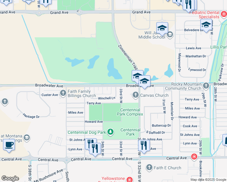 map of restaurants, bars, coffee shops, grocery stores, and more near 3313-3333 Broadwater Ave in Billings