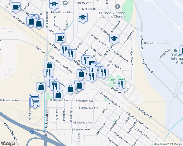 map of restaurants, bars, coffee shops, grocery stores, and more near 91 North Broadway in Belgrade