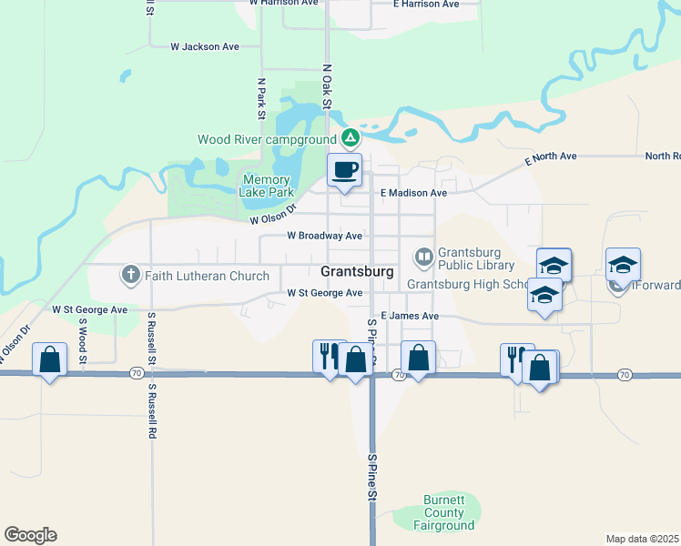 map of restaurants, bars, coffee shops, grocery stores, and more near in Grantsburg