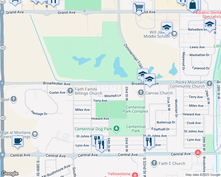 map of restaurants, bars, coffee shops, grocery stores, and more near 3334 Ravalli Place in Billings
