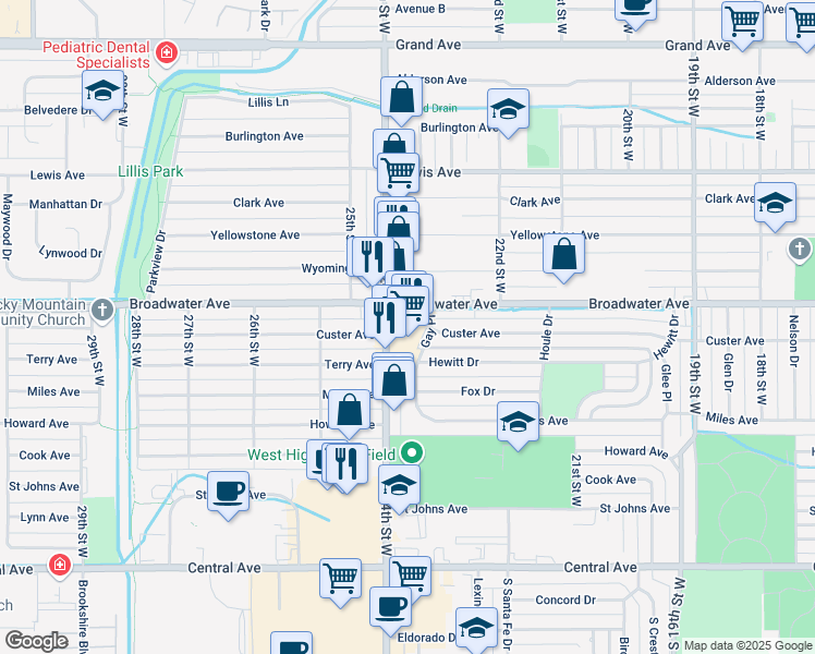 map of restaurants, bars, coffee shops, grocery stores, and more near 2398 Broadwater Avenue in Billings
