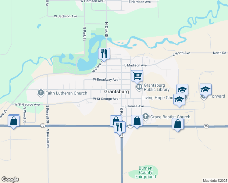 map of restaurants, bars, coffee shops, grocery stores, and more near 125 West Wisconsin Avenue in Grantsburg