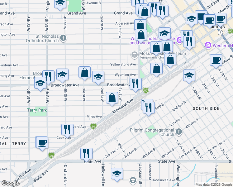 map of restaurants, bars, coffee shops, grocery stores, and more near 120 Broadwater Avenue in Billings
