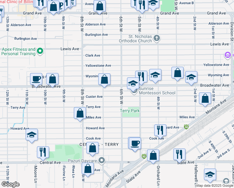 map of restaurants, bars, coffee shops, grocery stores, and more near 608-612 Broadwater Avenue in Billings