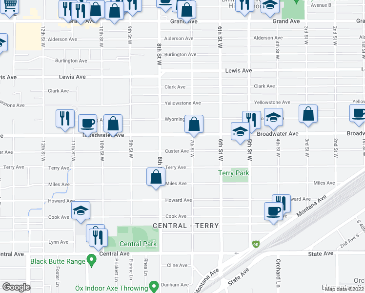 map of restaurants, bars, coffee shops, grocery stores, and more near 715 Custer Avenue in Billings