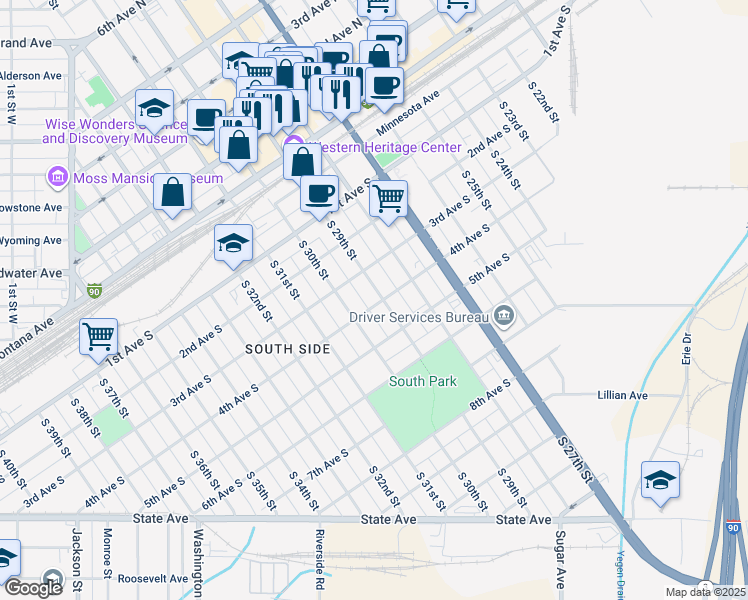 map of restaurants, bars, coffee shops, grocery stores, and more near 322 South 29th Street in Billings