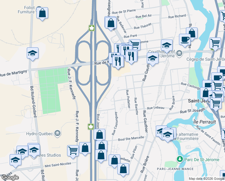 map of restaurants, bars, coffee shops, grocery stores, and more near 455 Rue Rochon in Saint-Jã©Rã´Me
