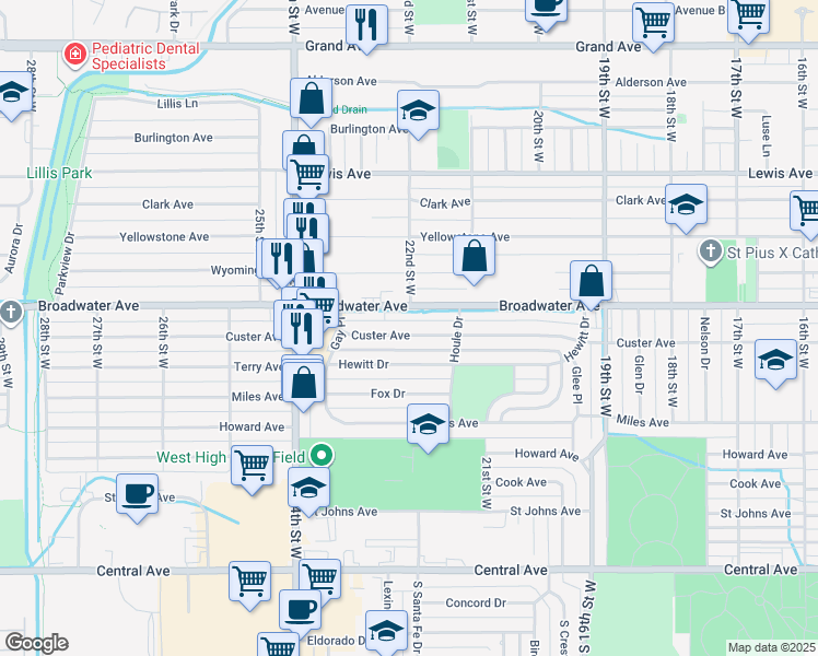 map of restaurants, bars, coffee shops, grocery stores, and more near 2139 Custer Avenue in Billings