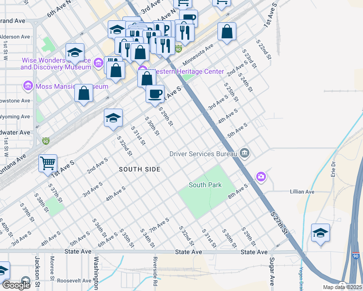 map of restaurants, bars, coffee shops, grocery stores, and more near 303 South 29th Street in Billings