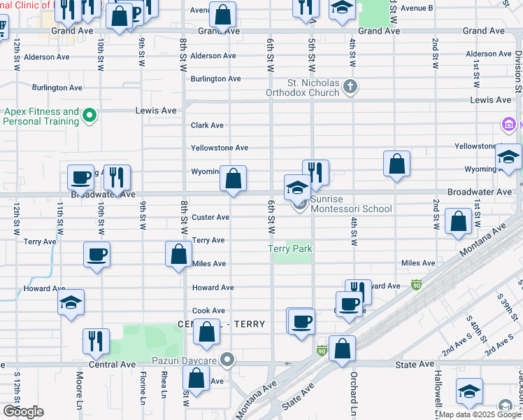 map of restaurants, bars, coffee shops, grocery stores, and more near 608-612 Broadwater Avenue in Billings