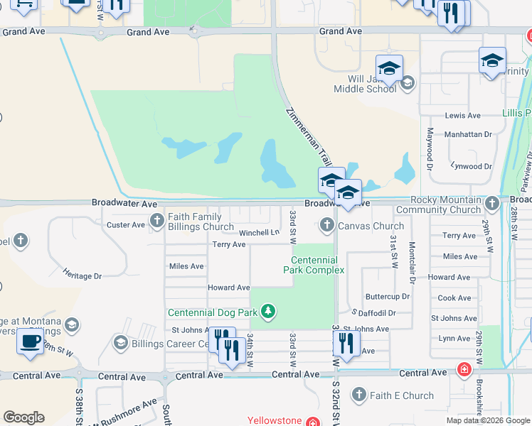 map of restaurants, bars, coffee shops, grocery stores, and more near 3383 Broadwater Avenue in Billings