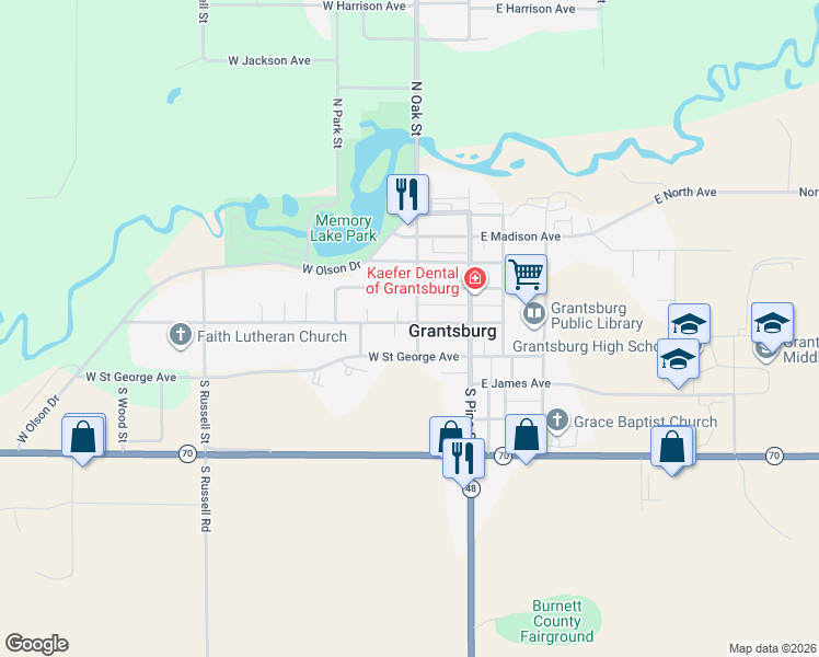map of restaurants, bars, coffee shops, grocery stores, and more near 201 West Broadway Avenue in Grantsburg
