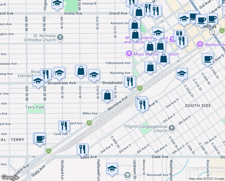 map of restaurants, bars, coffee shops, grocery stores, and more near 120 Broadwater Avenue in Billings