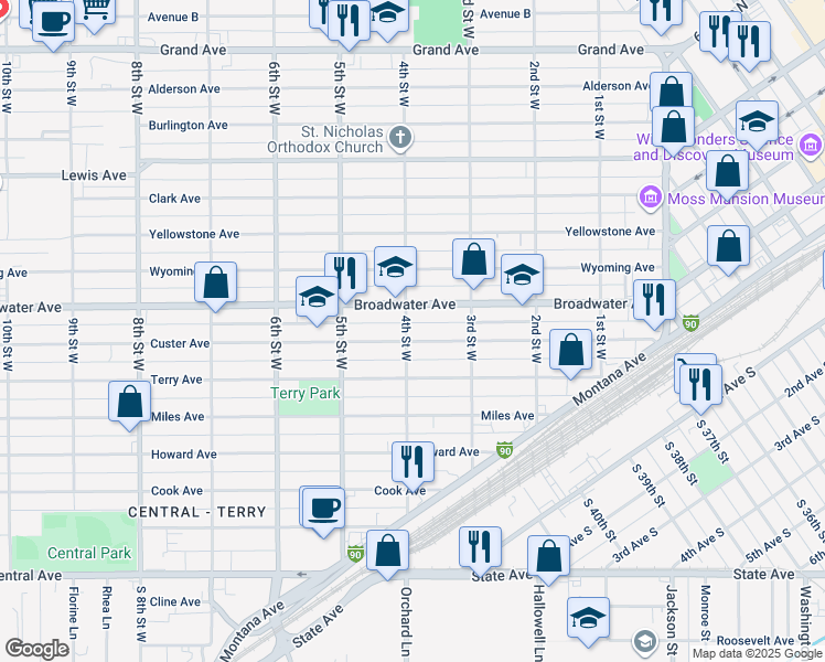 map of restaurants, bars, coffee shops, grocery stores, and more near 340 Broadwater Avenue in Billings
