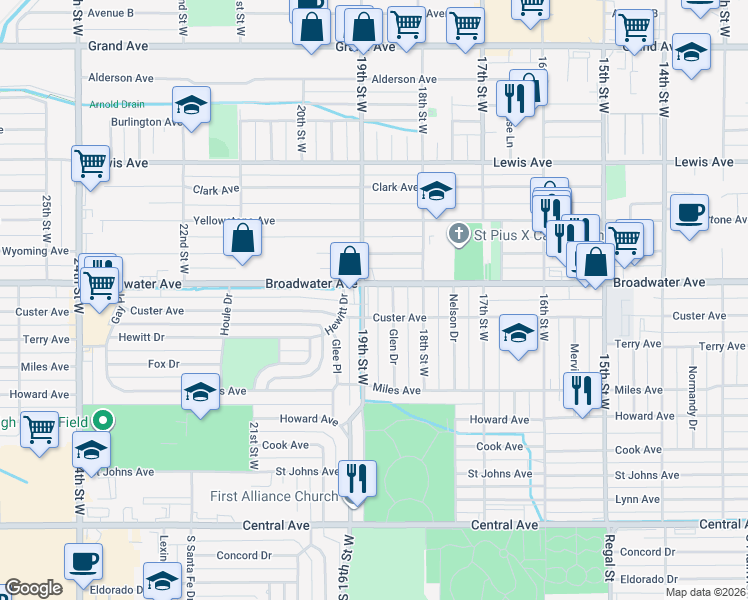 map of restaurants, bars, coffee shops, grocery stores, and more near 1839 Broadwater Avenue in Billings