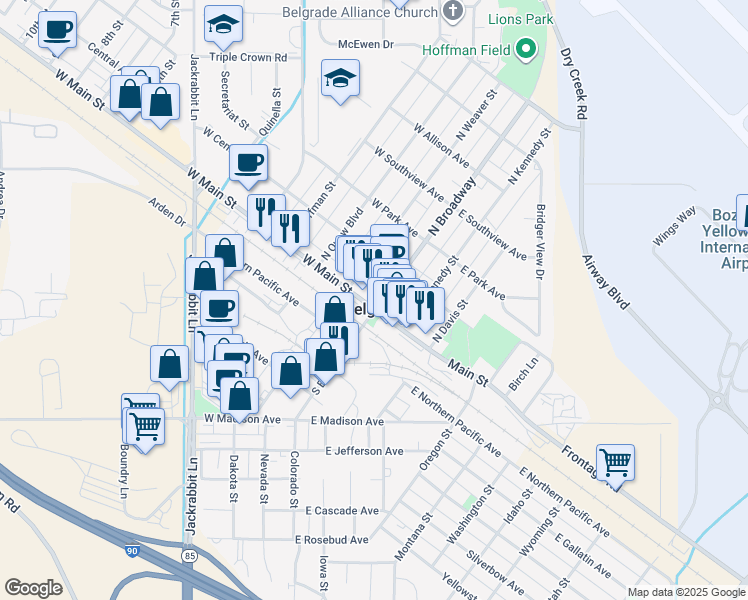 map of restaurants, bars, coffee shops, grocery stores, and more near 91 North Broadway in Belgrade